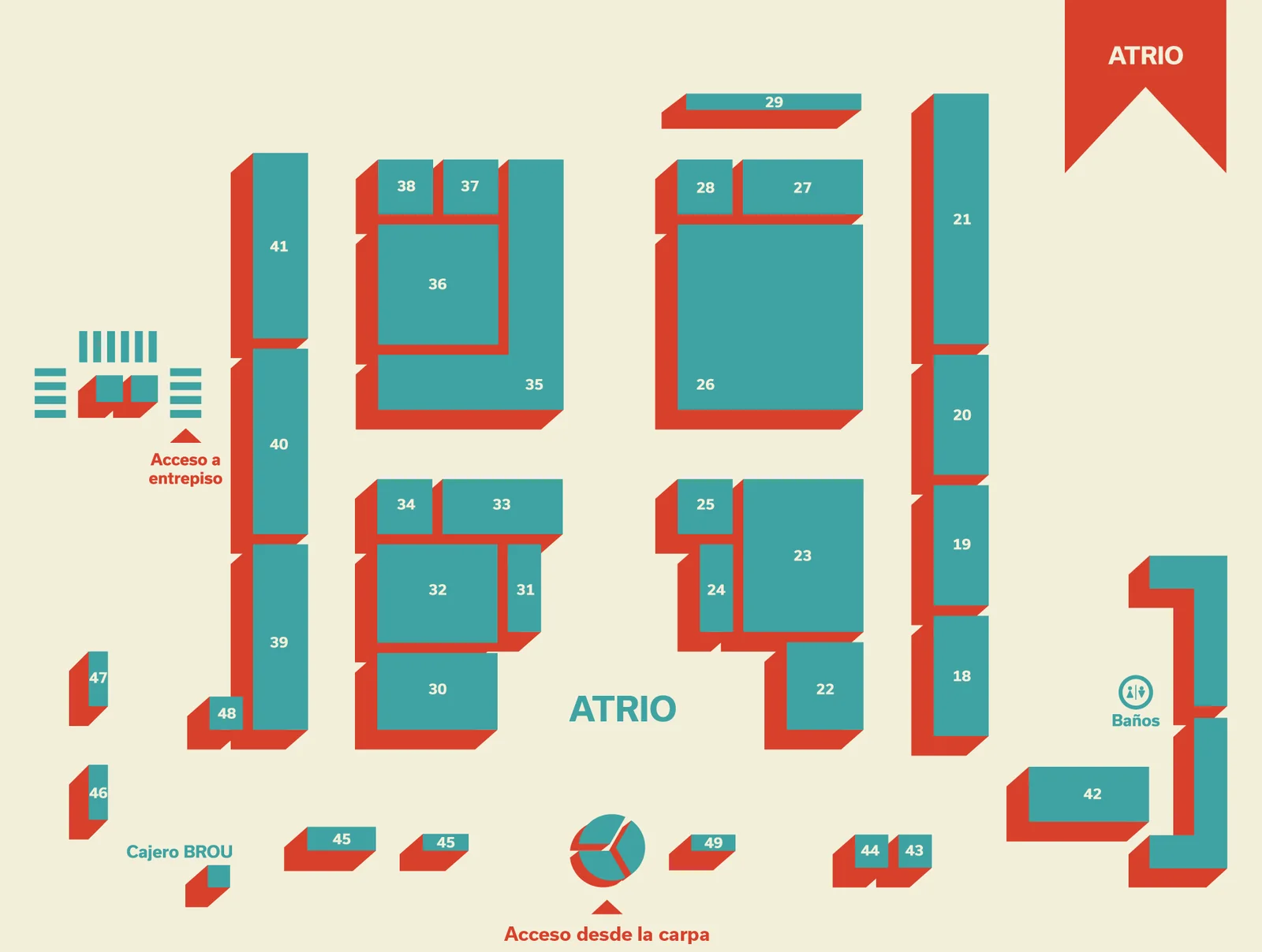 Mapa del atrio: estands 18 al 49, baños, cajero BROU, acceso desde la carpa y acceso al entrepiso.