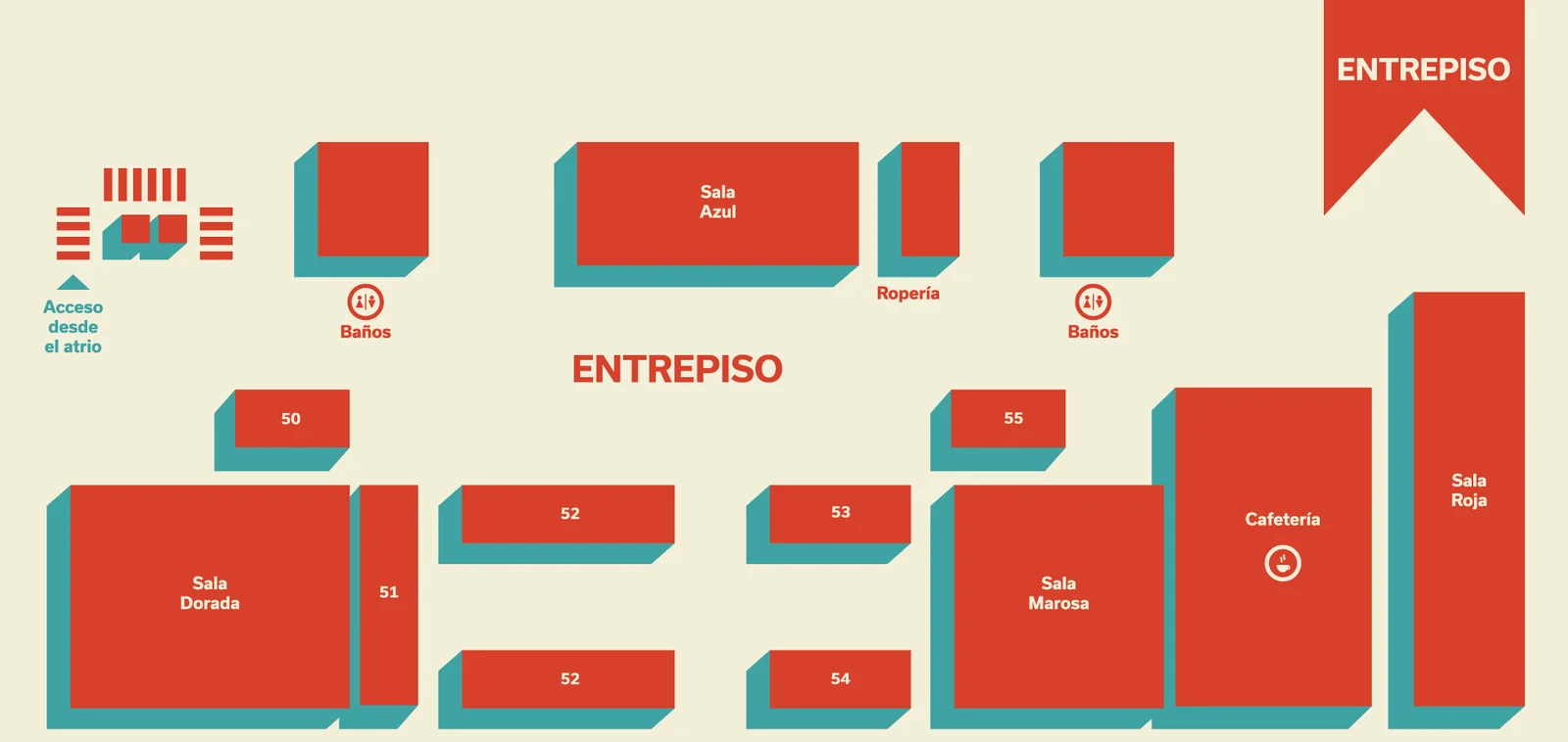 Mapa del entrepiso: salas Dorada, Azul, Marosa y Roja, cafetería, ropería, baños y estands 50 al 55.
